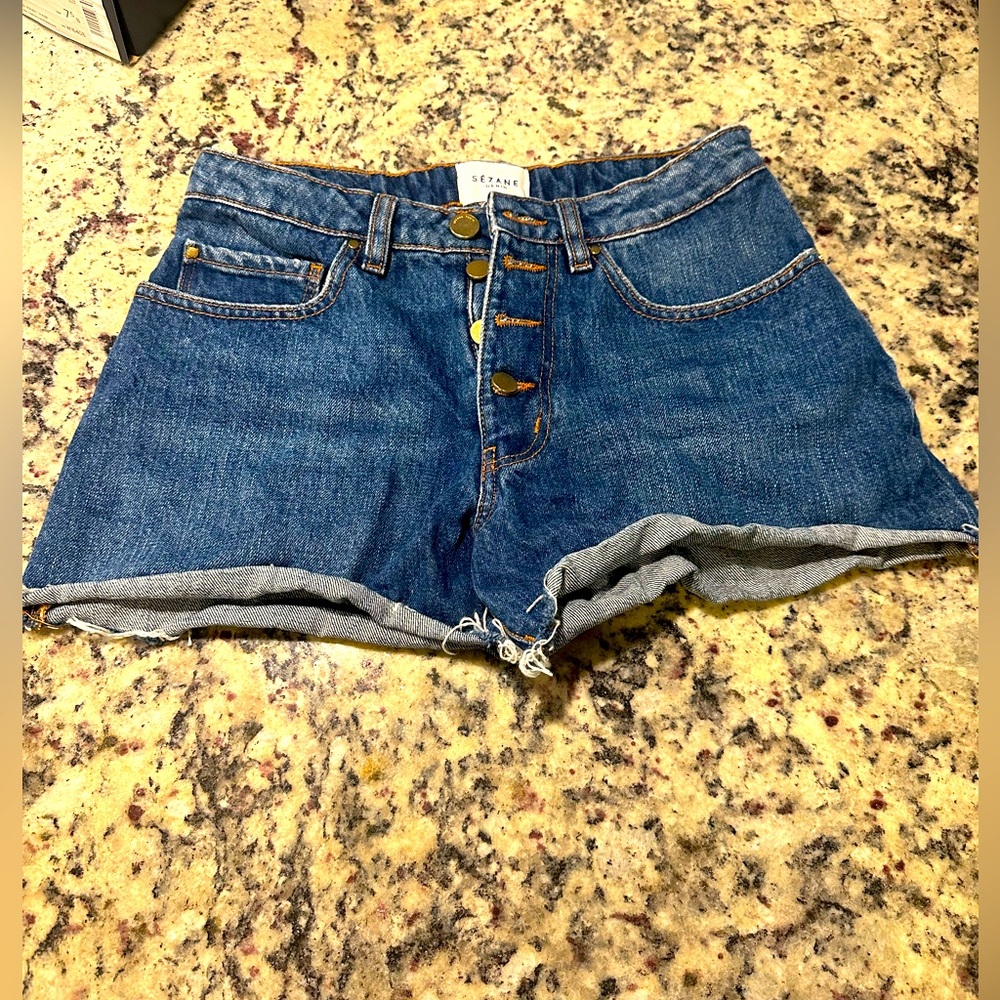 Sézane Blue Denim Button-Front Jean Shorts